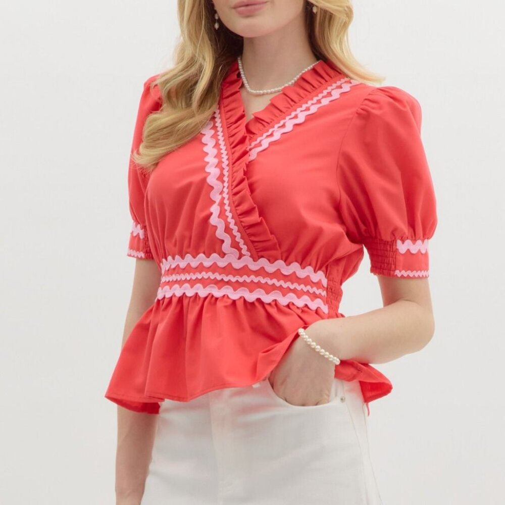 ENTRO RED RUFFLE PEPLUM TOP - Picture 7 of 7